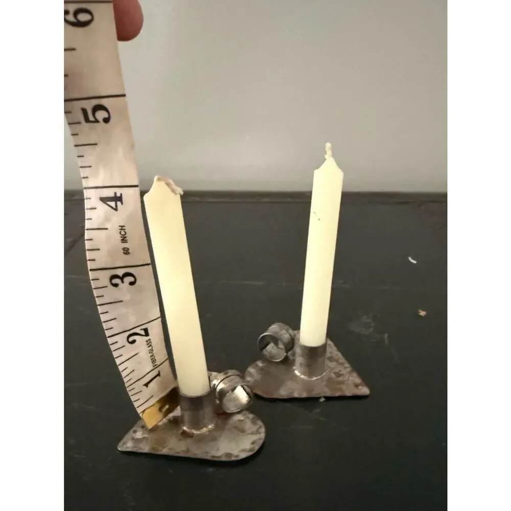 Vintage 2 Mini Crimped Heart Candle Holder Tin Decor Chamberstick Primitive